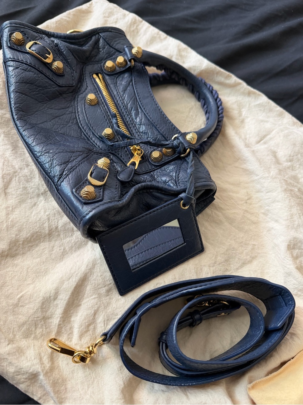 Balenciaga mini city Blue/ gold waxed leather mini motorcycle bag